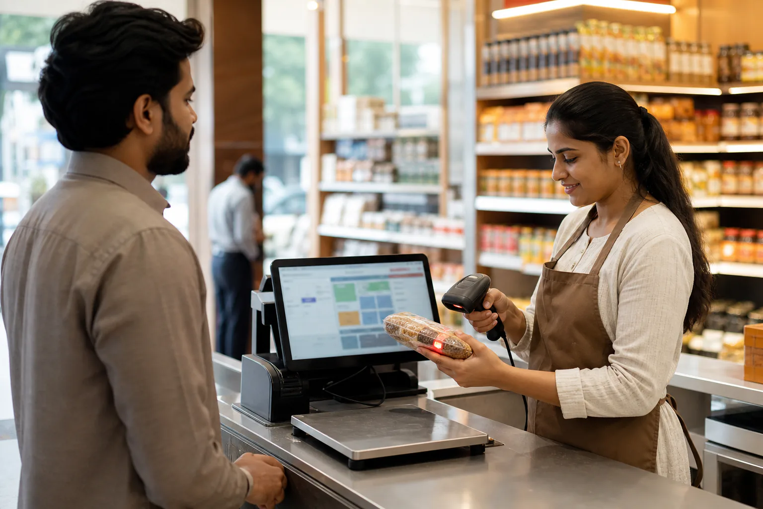 Extraaaz Retail OS at a modern Indian retail counter with barcode scanning and inventory dashboard